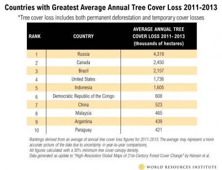Table showing countries with greatest annual tree cover loss, 2011-2013