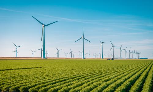 Windmills behind a field of crops